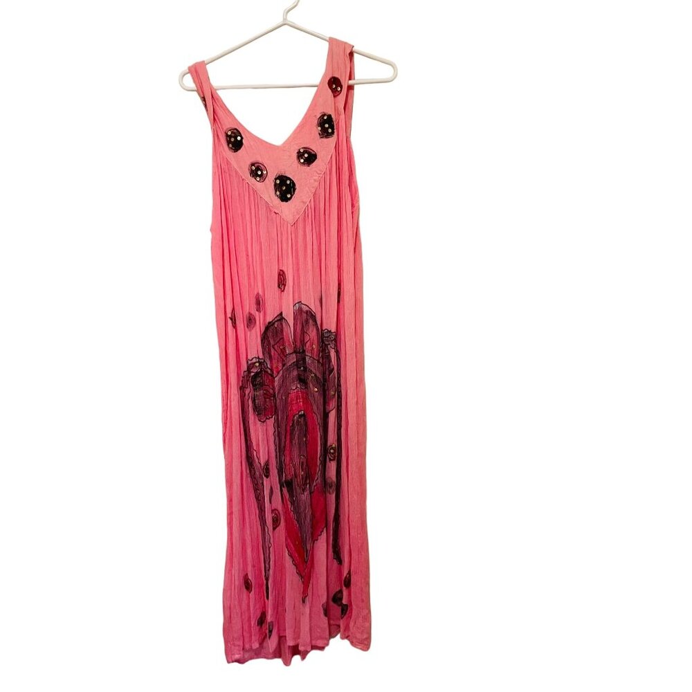 Womens Maxi Dress Boho Pink Sleeveless Hand Painted Abstract Design 48" One Size